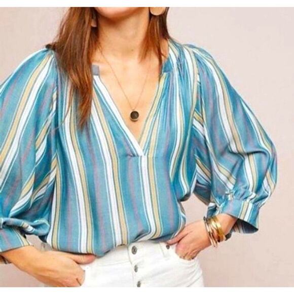 Maeve Tops - Anthropologie Maeve Top XS Byron Stripe Balloon Sleeve Blue Pullover Peasant